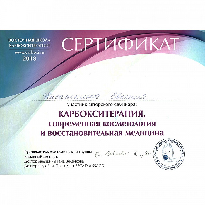 Сертификат сети салонов красоты Мишель Экзертье: Карбокситерапия лица 